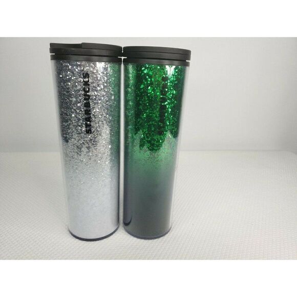 New Starbucks 2019 Holiday Silver and Green Glitter Tumbler Set Two 16 oz - Picture 1 of 5